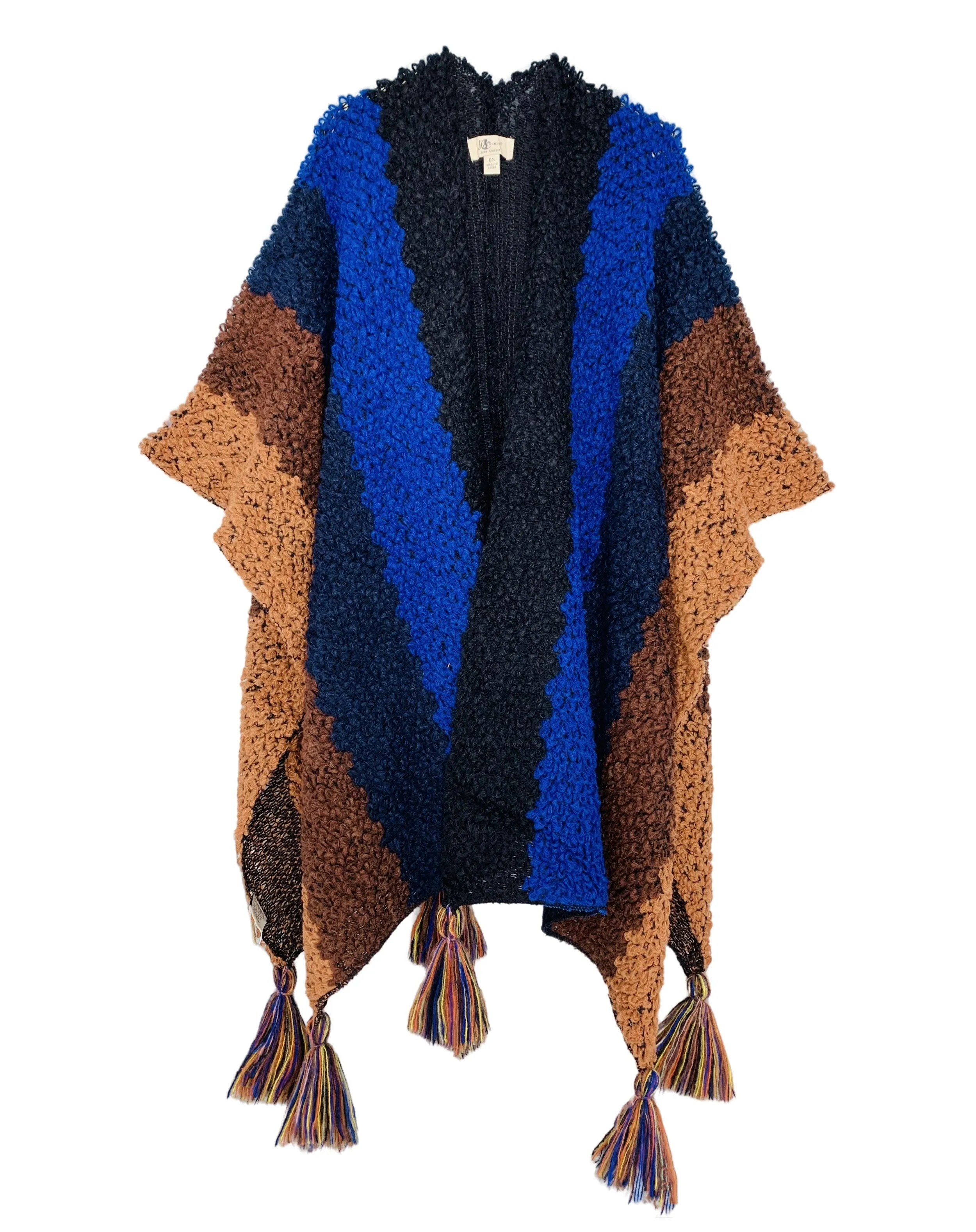 JC063333 5-Color-Tones Crochet Tassel-Accent Ruana-Brown-Blue