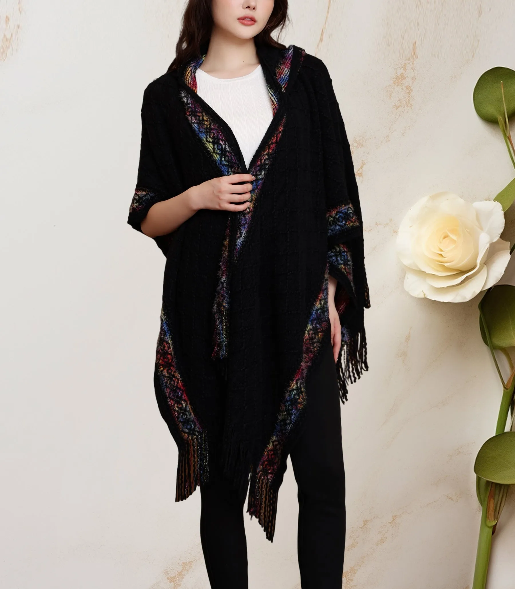 JC063340 Black-Multi Rainbow-Edged Hooded Open-Front Poncho