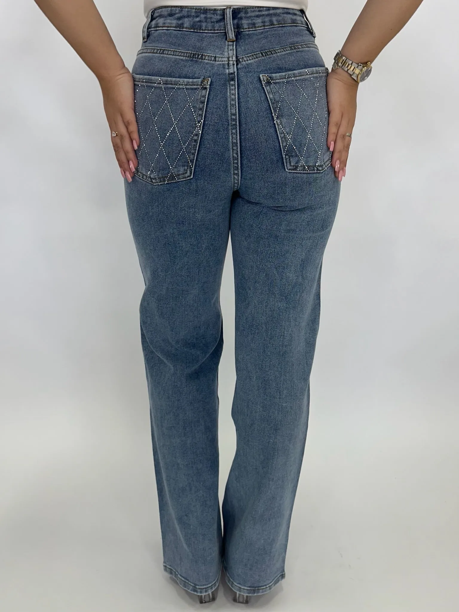 Jemma blue denim crystal straight leg stretch jeans