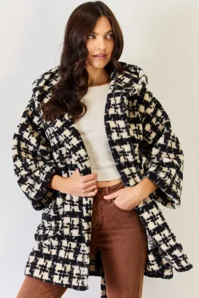 J.NNA Fuzzy Plaid Waist Tie Hooded Robe Cardigan