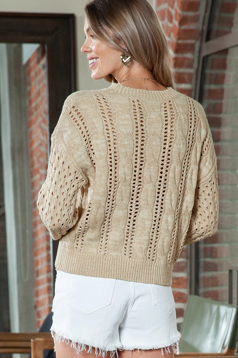 Khaki Cable Knit Drop Shoulder Eyelet Sweater