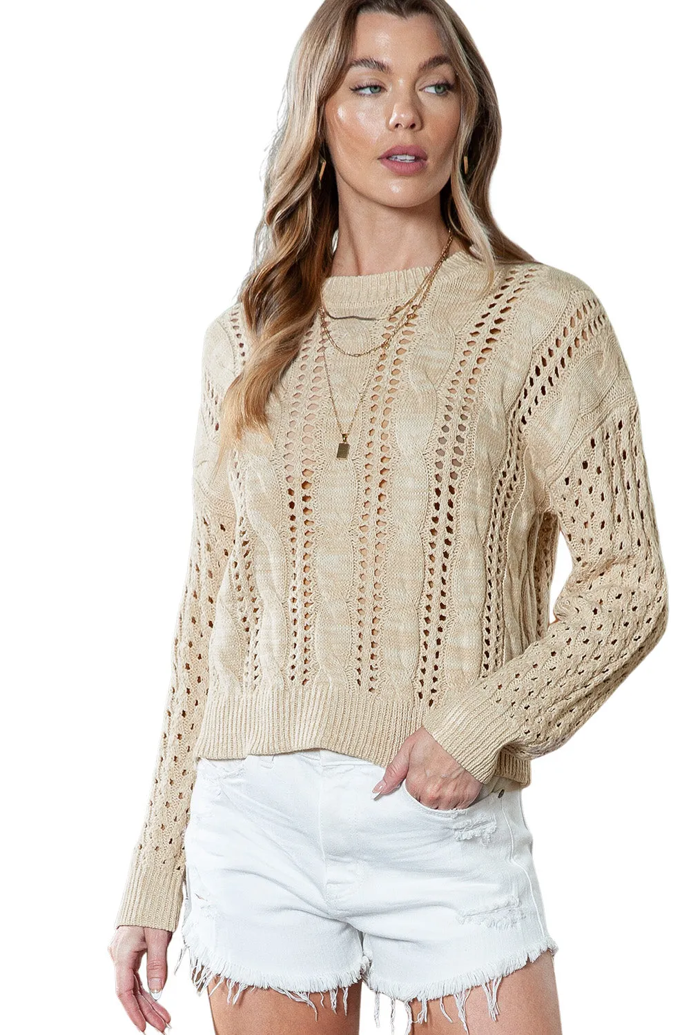 Khaki Cable Knit Drop Shoulder Eyelet Sweater