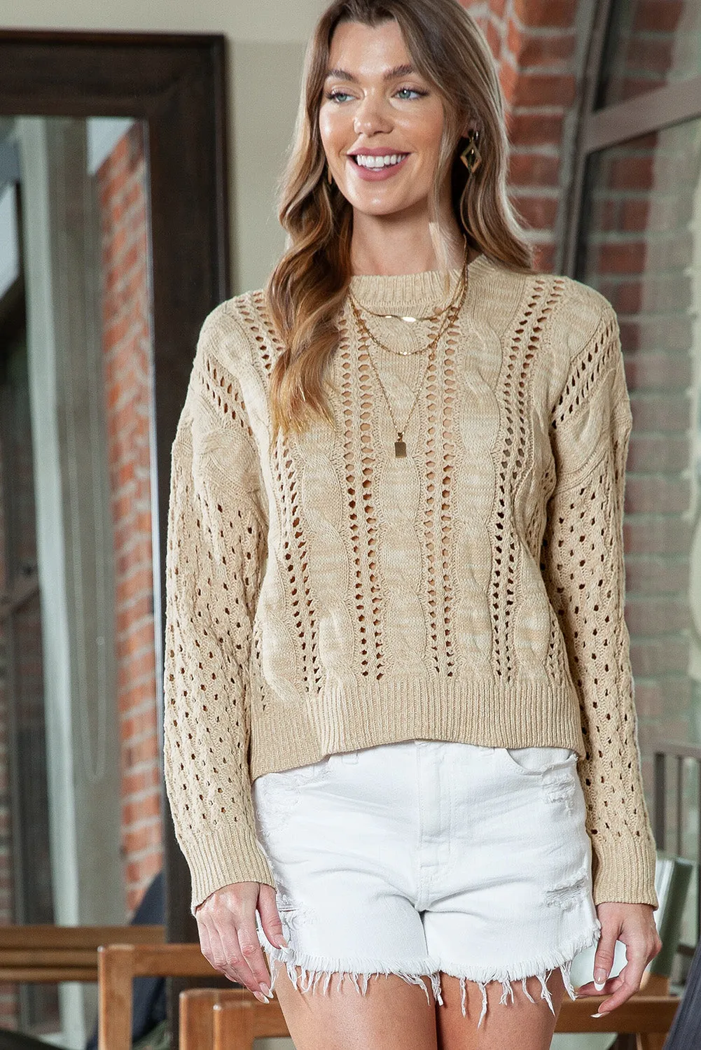 Khaki Cable Knit Drop Shoulder Eyelet Sweater