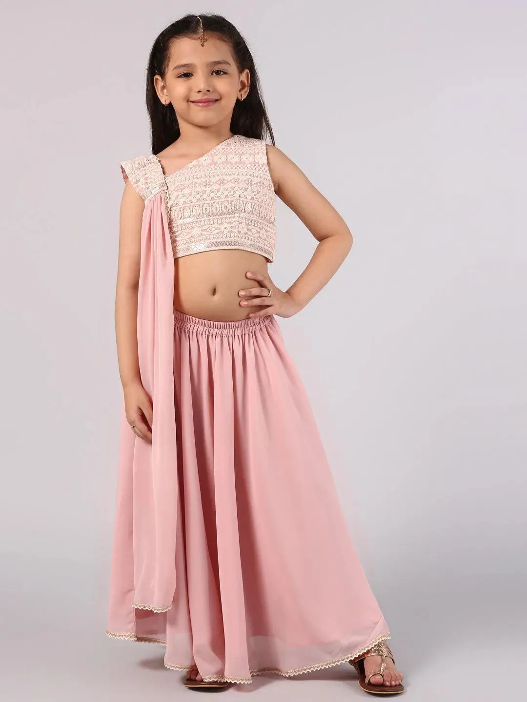 Kids Pink Embroidered Georgette Lehenga Set