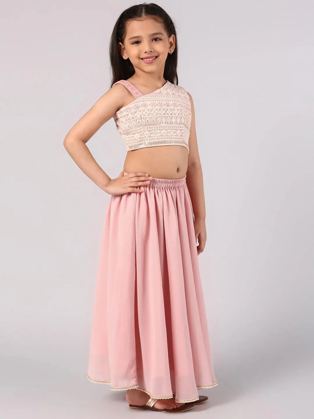 Kids Pink Embroidered Georgette Lehenga Set