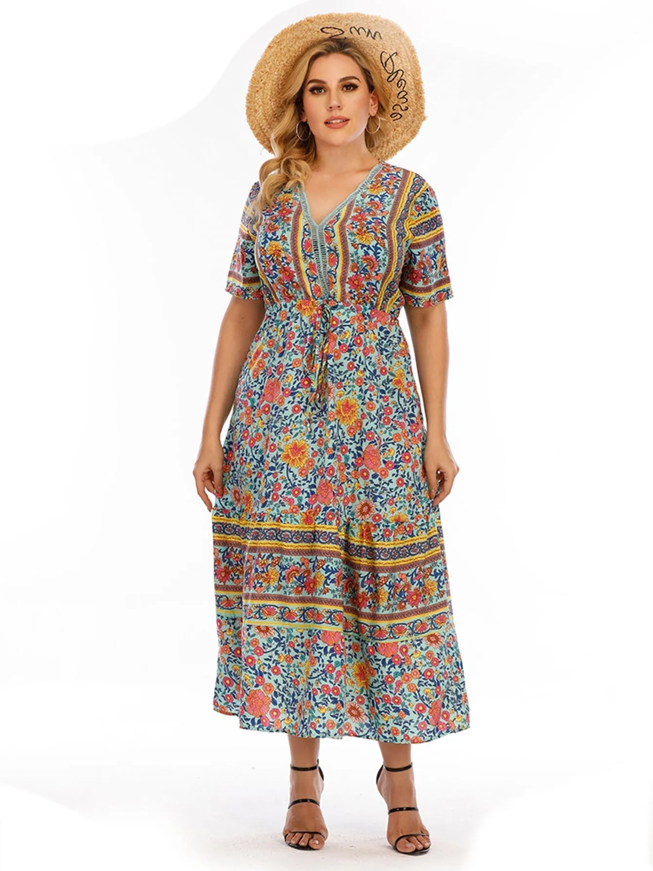 KittenAlarm - Plus Size Boho Print High Waist Dress