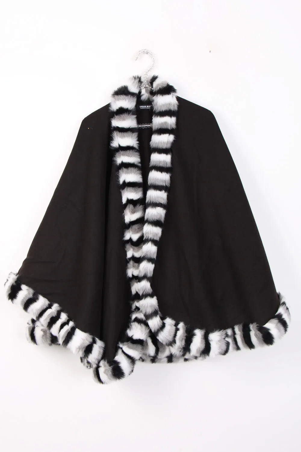 Knitted Faux Fur Swing Poncho Cape with Duo Colour Fur Trim