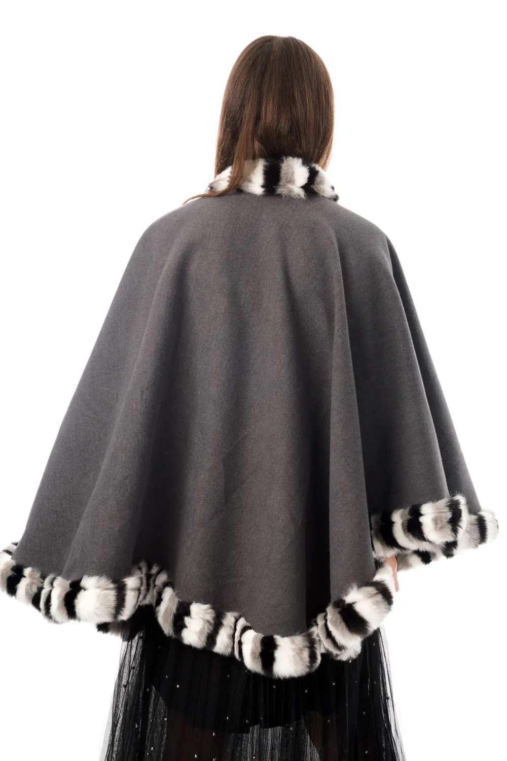 Knitted Faux Fur Swing Poncho Cape with Duo Colour Fur Trim