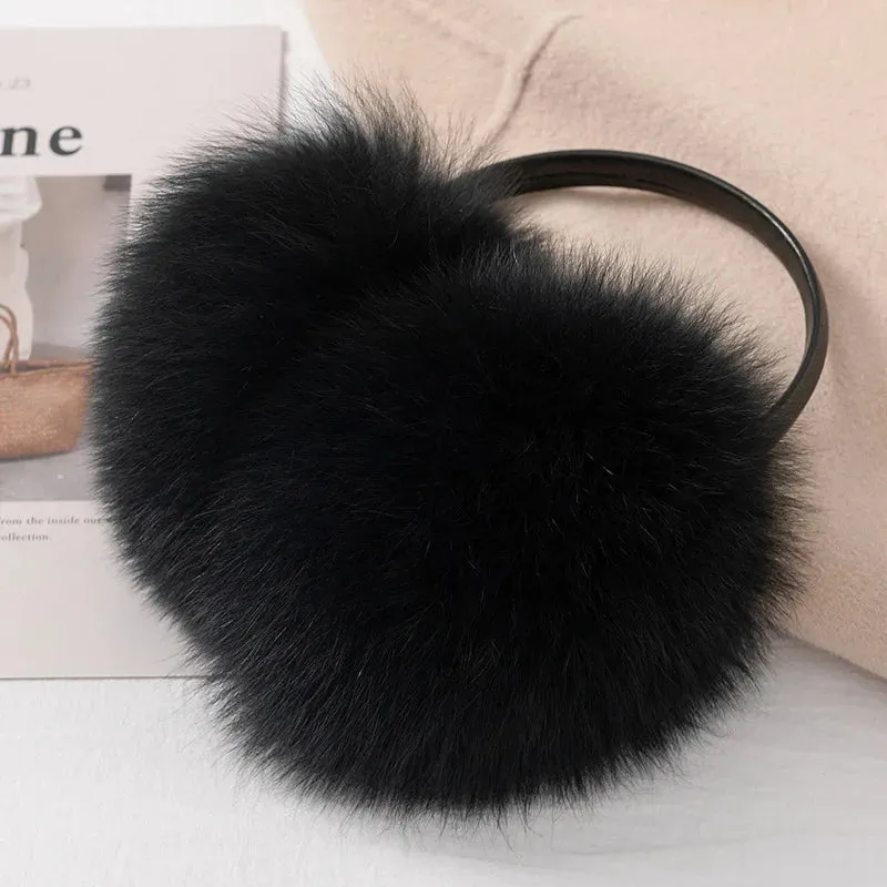 Ladies Fox Fur Earmuffs - 100% Real Fox Fur, Fashionable Solid Design, Elastic Fit for All Women