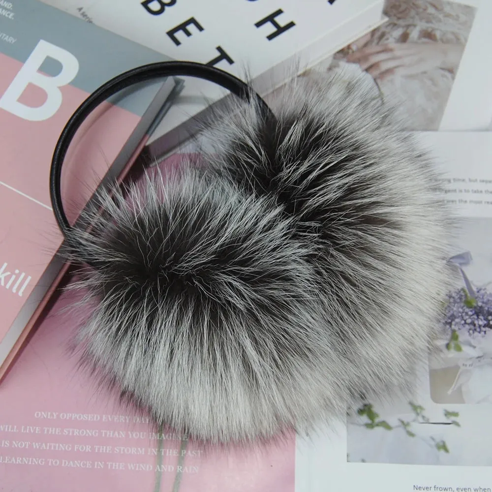 Ladies Fox Fur Earmuffs - 100% Real Fox Fur, Fashionable Solid Design, Elastic Fit for All Women