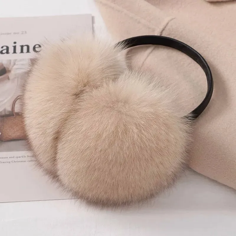 Ladies Fox Fur Earmuffs - 100% Real Fox Fur, Fashionable Solid Design, Elastic Fit for All Women