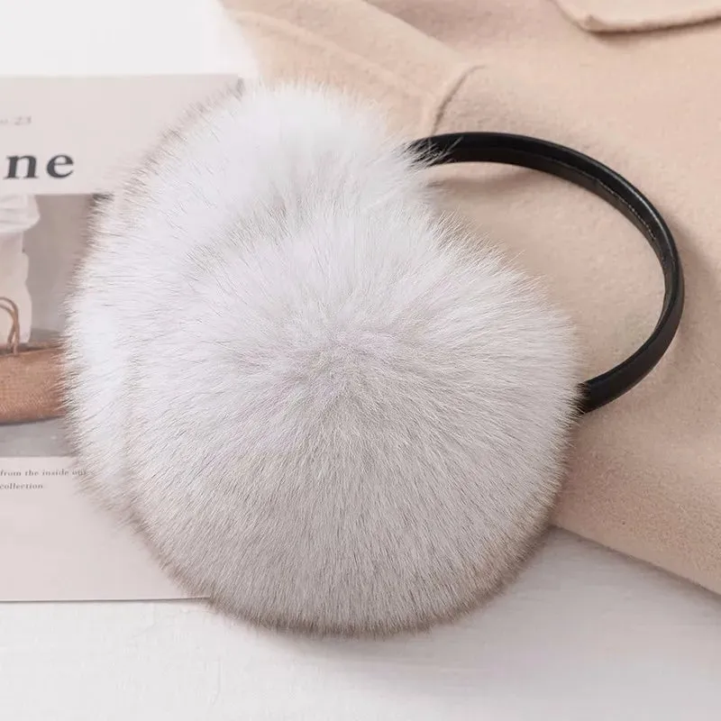 Ladies Fox Fur Earmuffs - 100% Real Fox Fur, Fashionable Solid Design, Elastic Fit for All Women