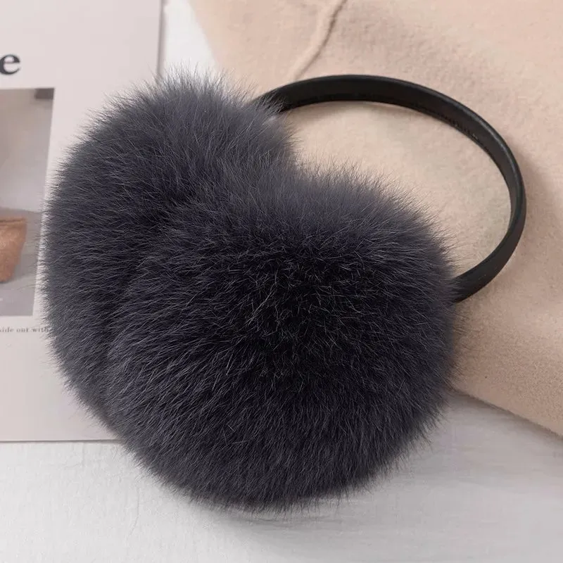 Ladies Fox Fur Earmuffs - 100% Real Fox Fur, Fashionable Solid Design, Elastic Fit for All Women