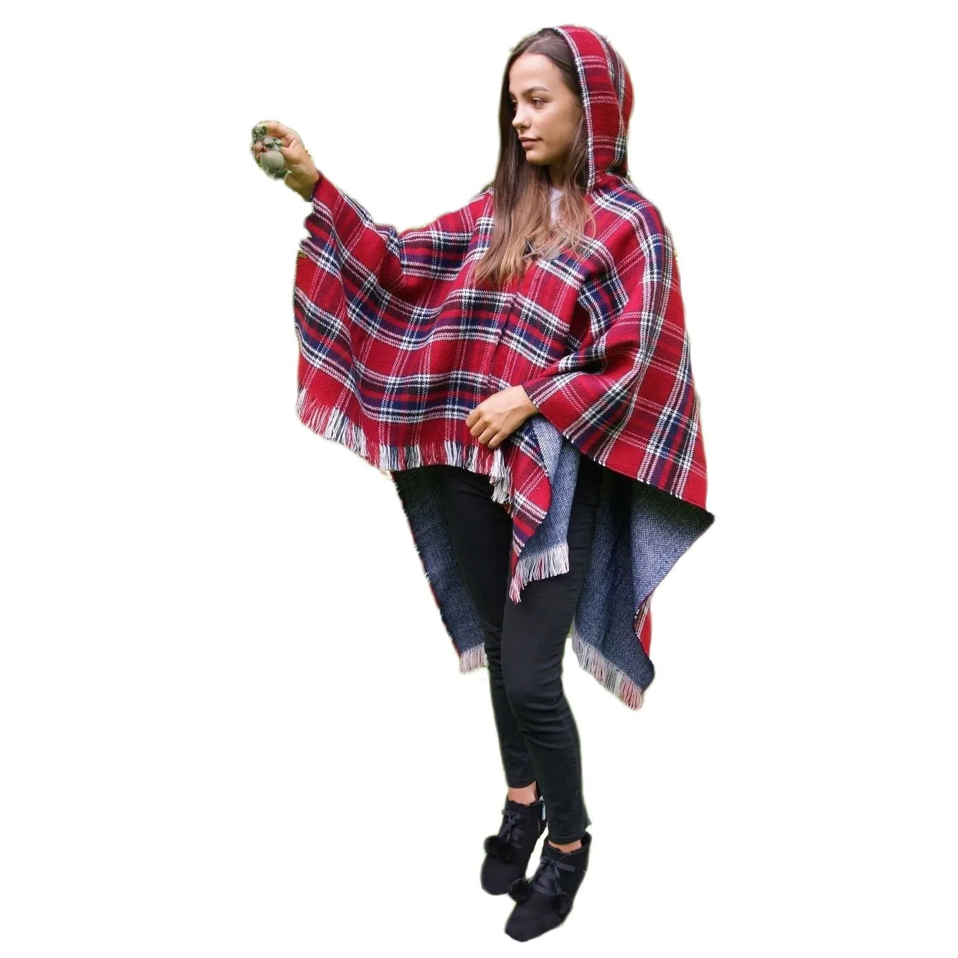 Ladies Hooded Tartan Poncho - Red