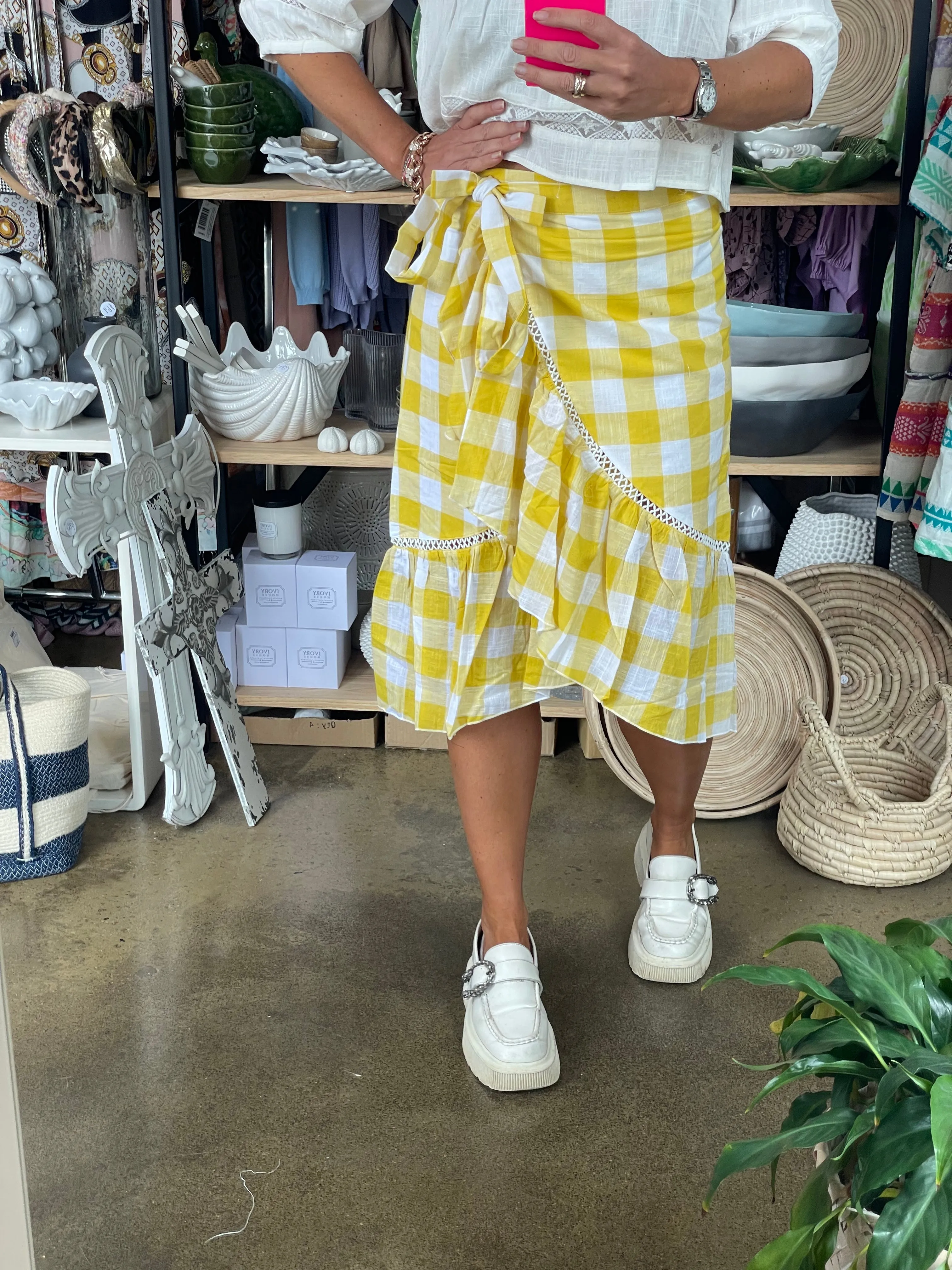 Linen Wrap Ruffe Gingham Skirt