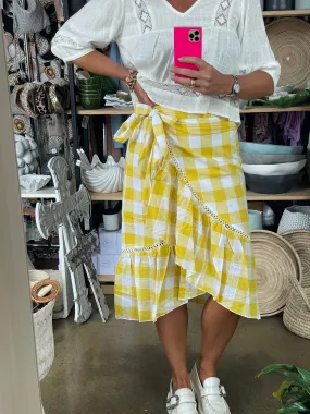 Linen Wrap Ruffe Gingham Skirt