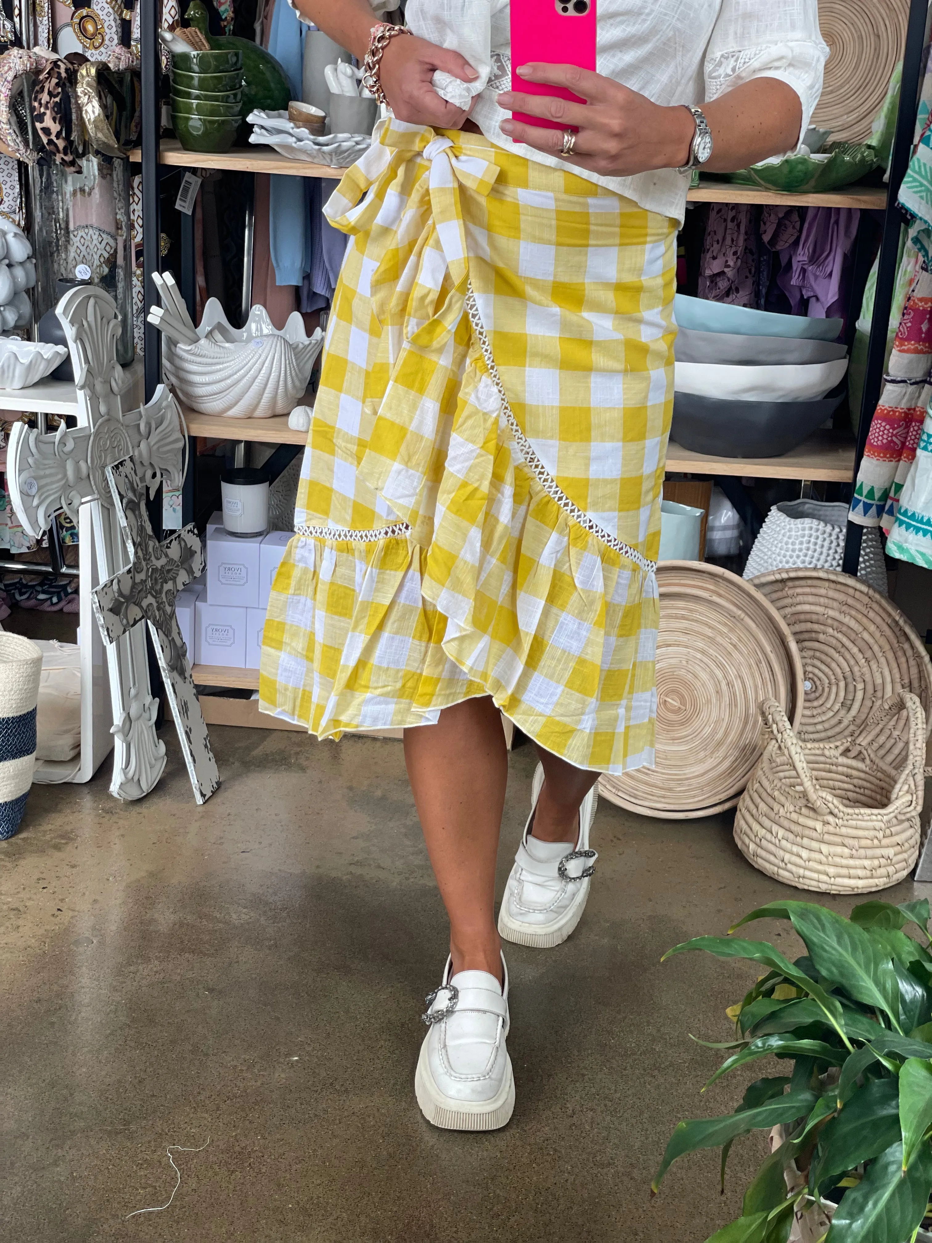 Linen Wrap Ruffe Gingham Skirt