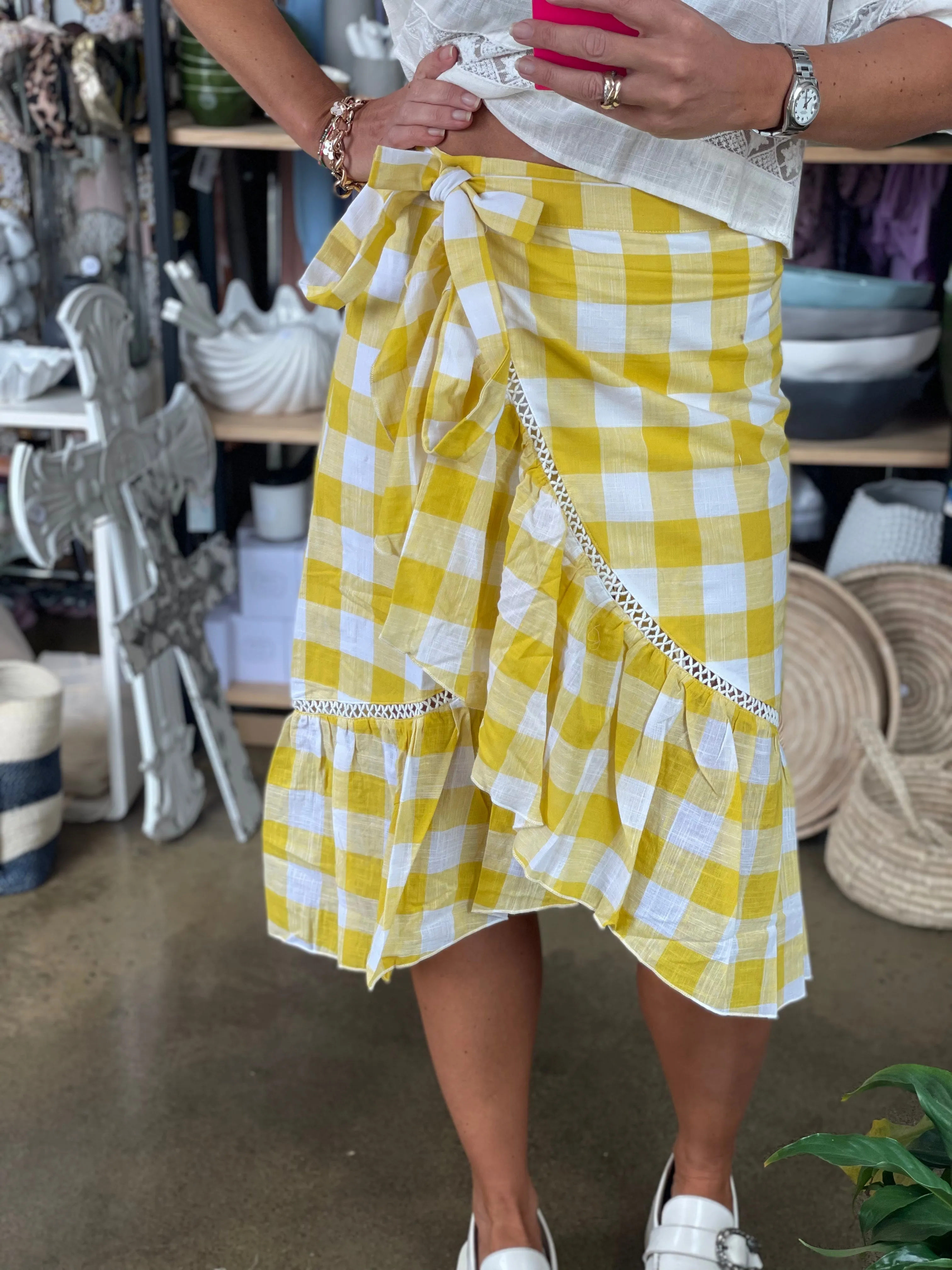 Linen Wrap Ruffe Gingham Skirt