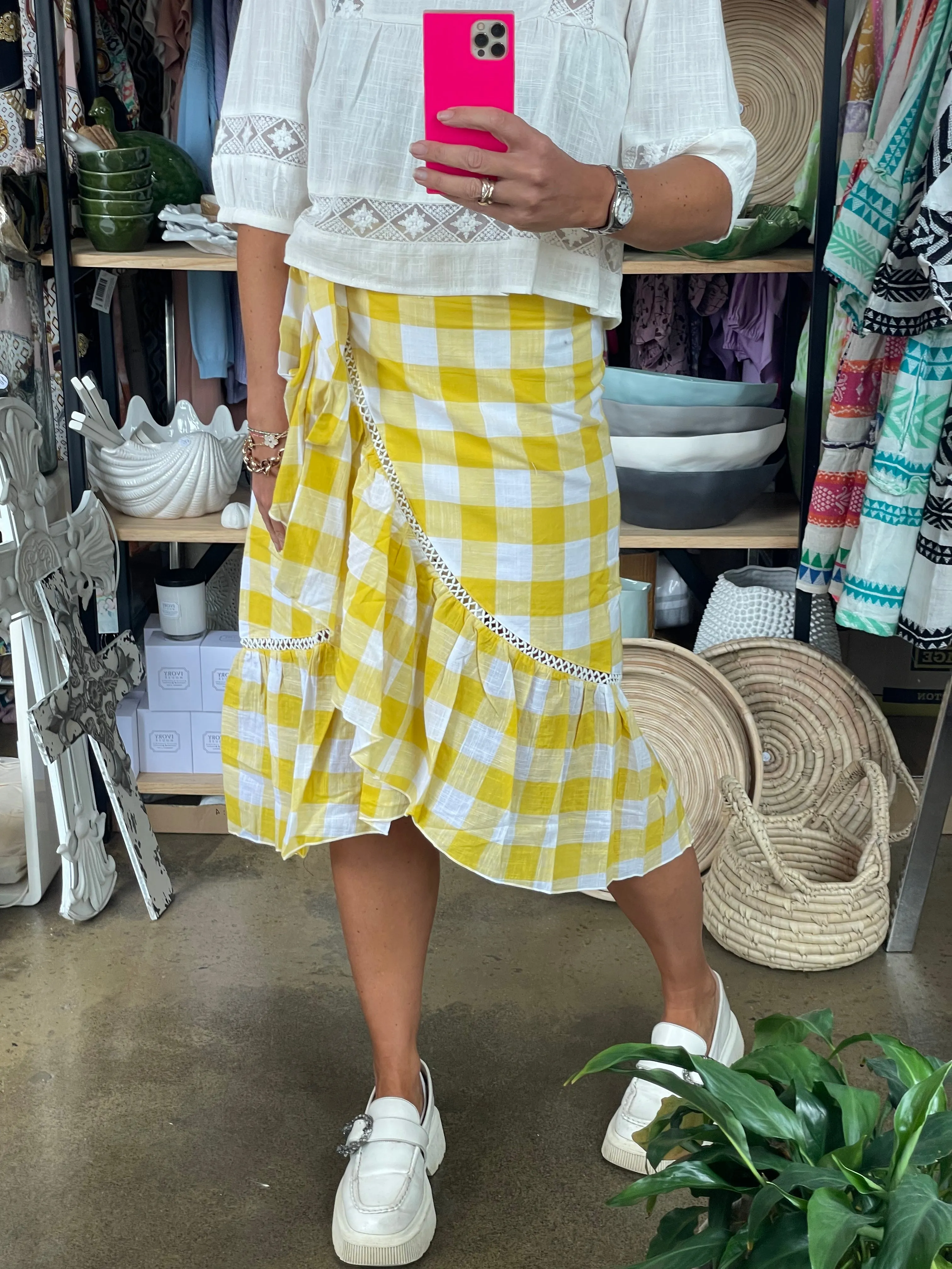 Linen Wrap Ruffe Gingham Skirt