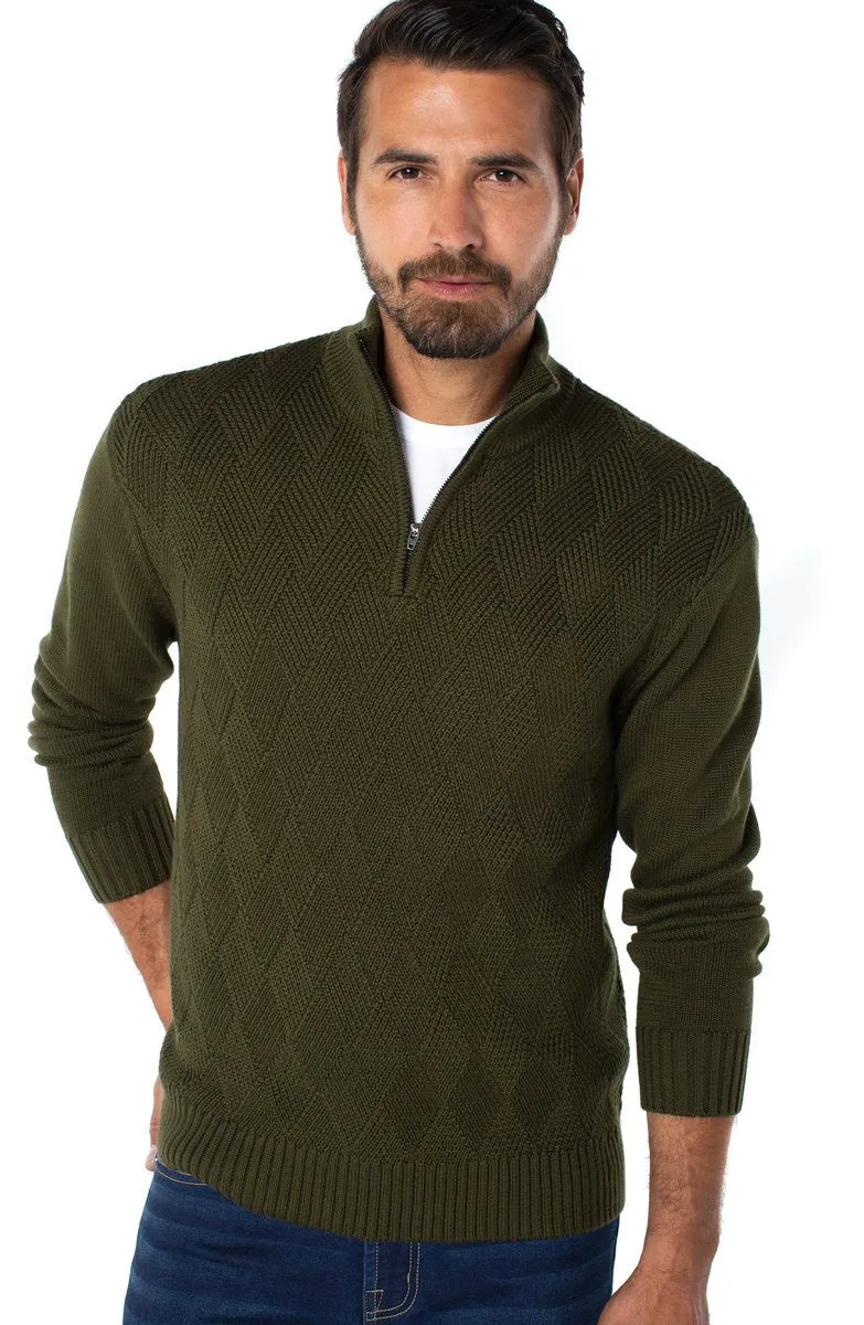 Liverpool  Diamond Pattern Quarter Zip Sweater- Dk Olive