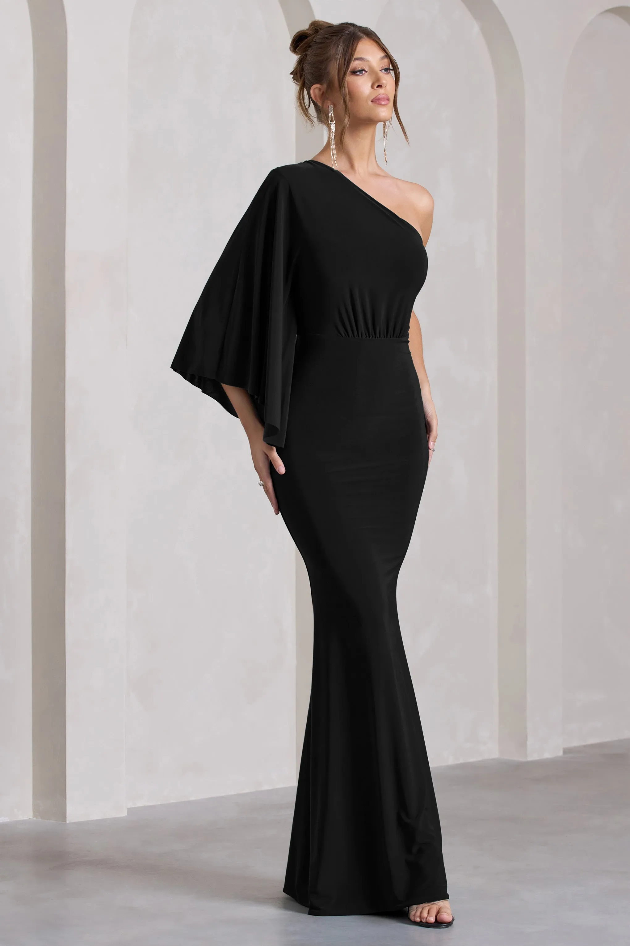 Luciana | Black One Shoulder Drape Sleeve Maxi Dress