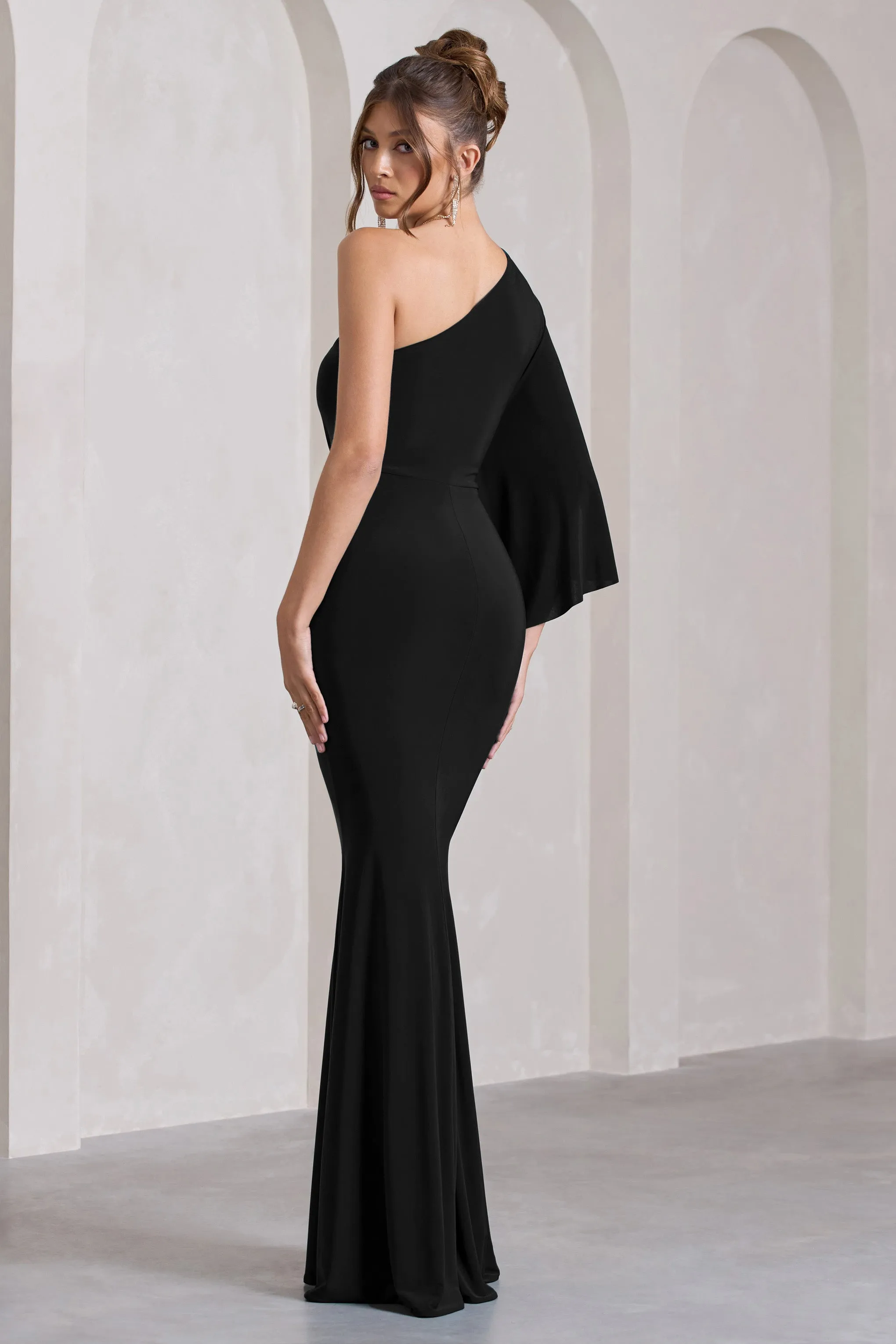 Luciana | Black One Shoulder Drape Sleeve Maxi Dress