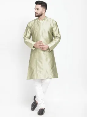 Men's Beige Self Design Kurta With White Churidaar Pyjama - Benstoke