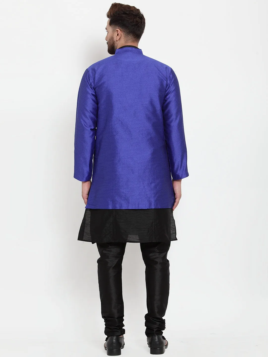 Men's Black Kurta With Pyjama & Royal Blue Self Design Jacket - Benstoke