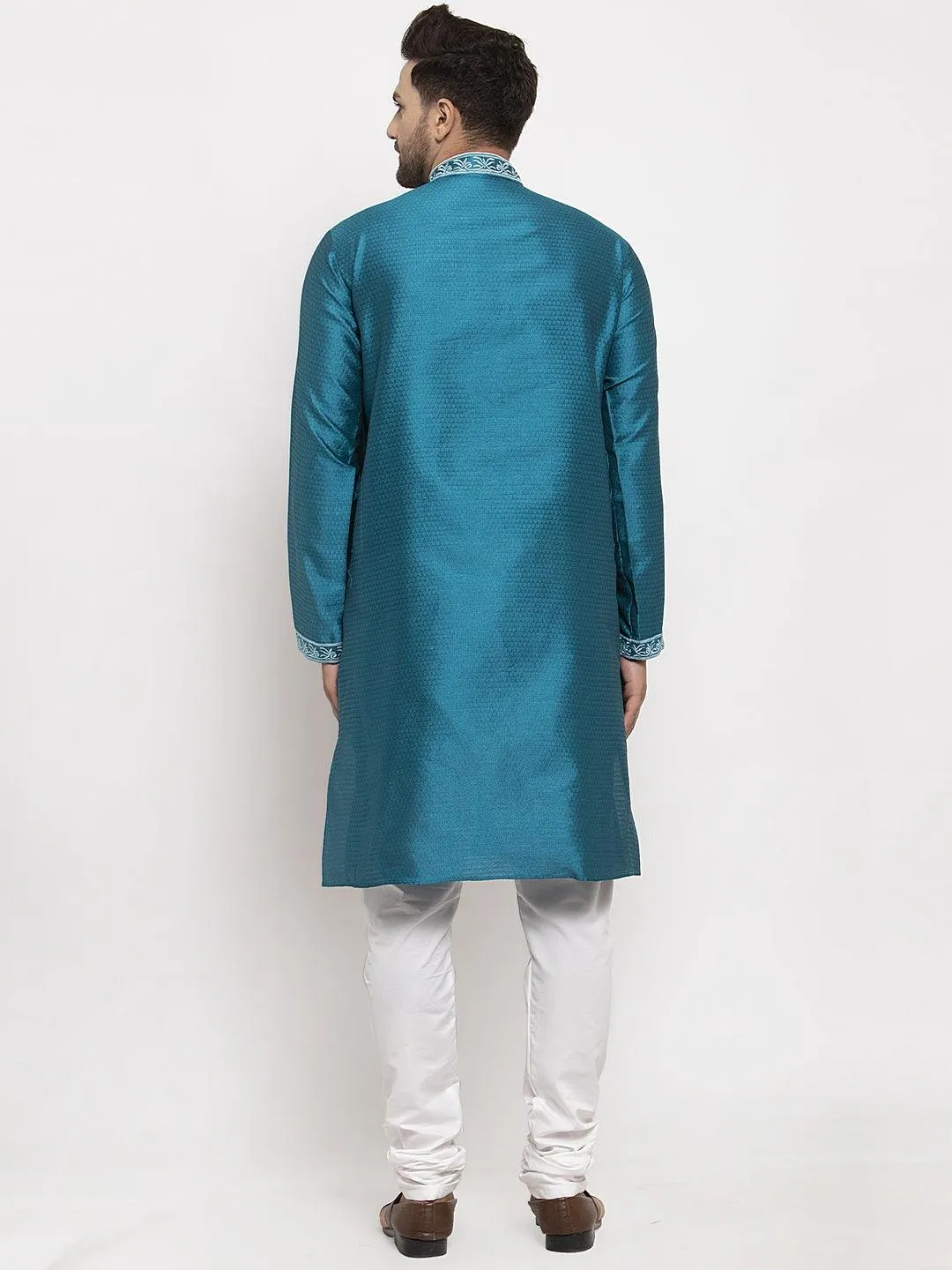 Men's Peacock Blue Yoke Design Solid Kurta With White Churidaar Pyjama - Benstoke