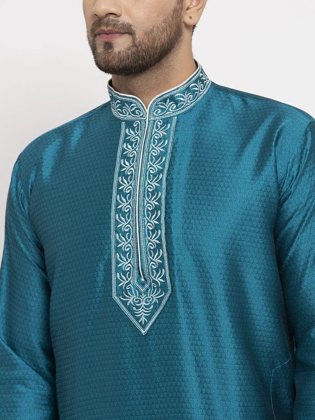 Men's Peacock Blue Yoke Design Solid Kurta With White Churidaar Pyjama - Benstoke