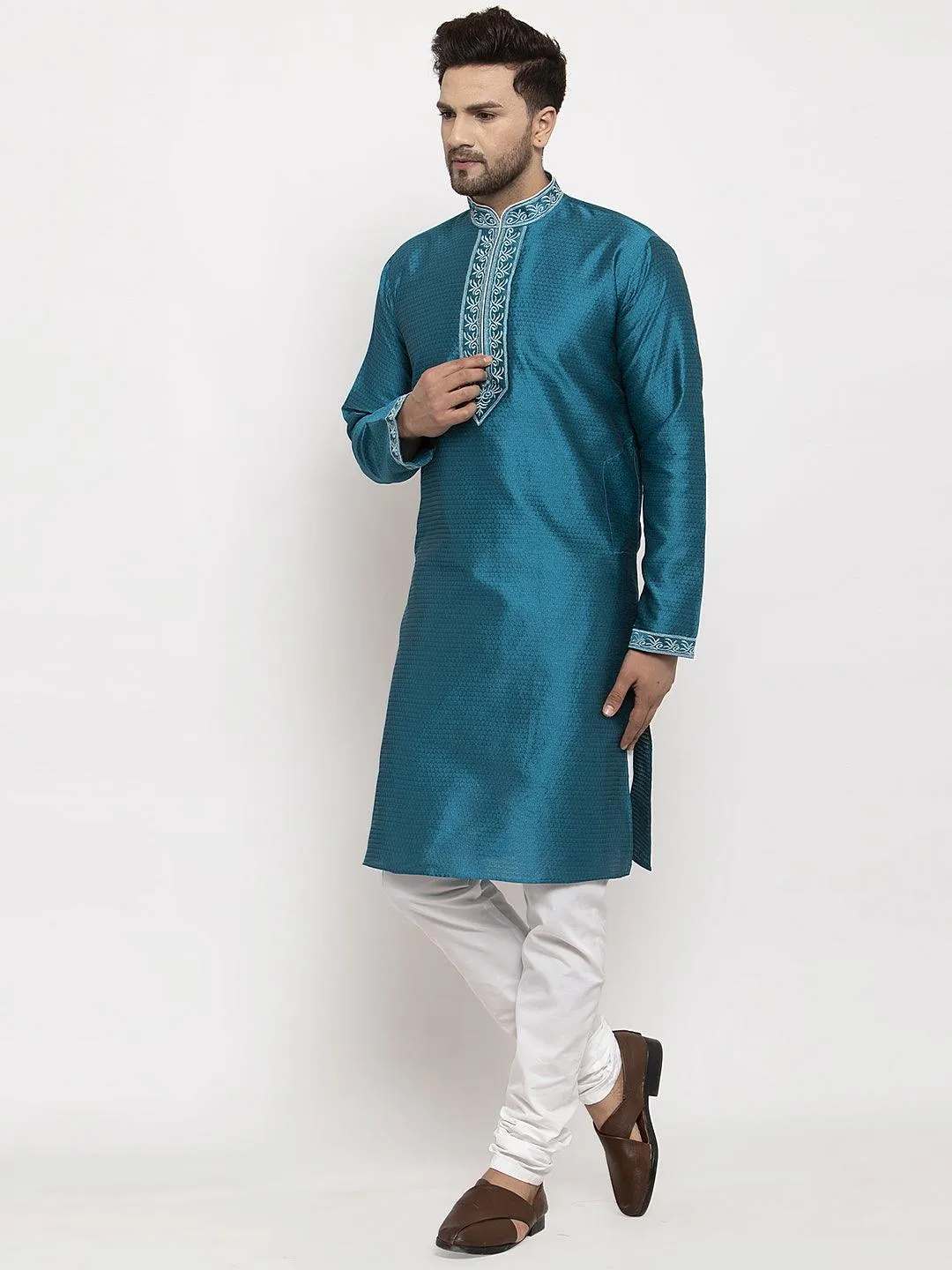 Men's Peacock Blue Yoke Design Solid Kurta With White Churidaar Pyjama - Benstoke