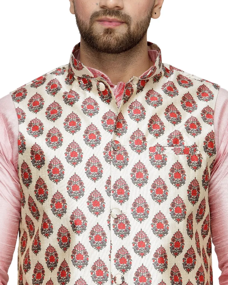 Men's Pink Kurta With White Dhoti & Beige Printed Nehru Jacket - Benstoke