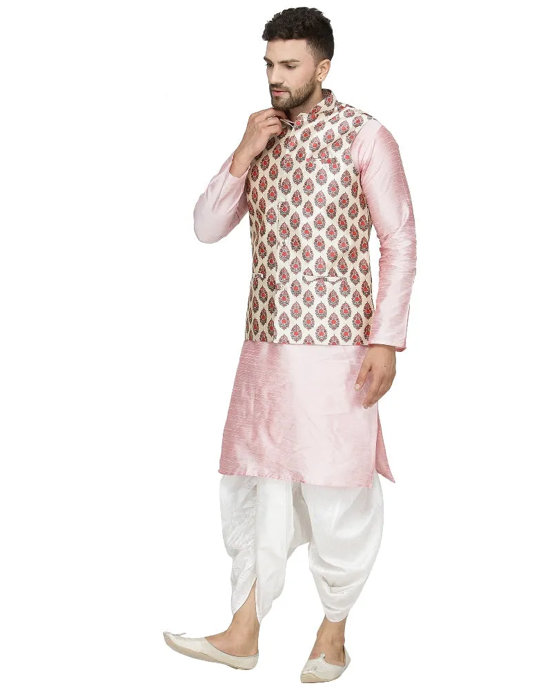 Men's Pink Kurta With White Dhoti & Beige Printed Nehru Jacket - Benstoke