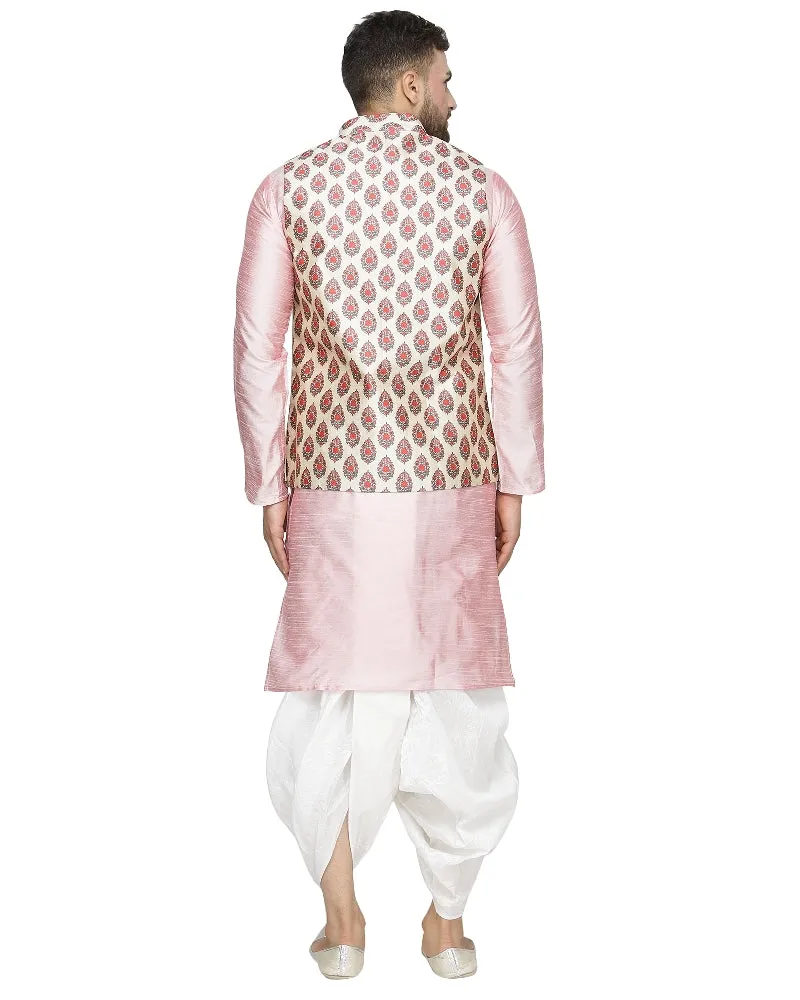 Men's Pink Kurta With White Dhoti & Beige Printed Nehru Jacket - Benstoke