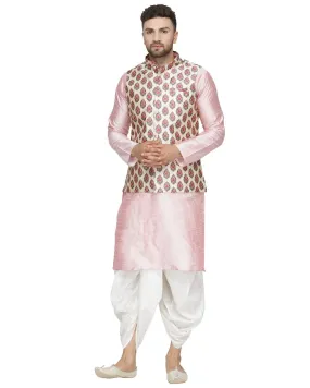 Men's Pink Kurta With White Dhoti & Beige Printed Nehru Jacket - Benstoke