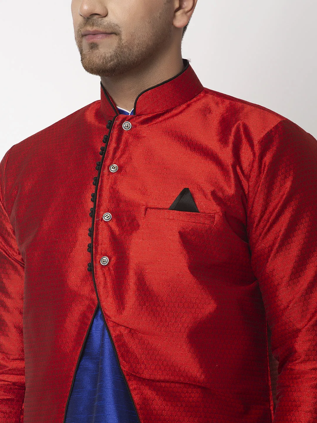 Men's Royal Blue Kurta With Pyjama & Red Self Design Jacket - Benstoke