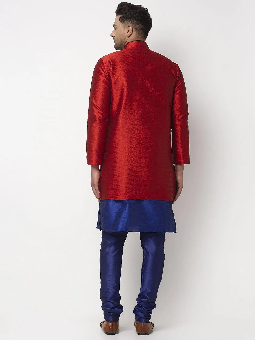 Men's Royal Blue Kurta With Pyjama & Red Self Design Jacket - Benstoke