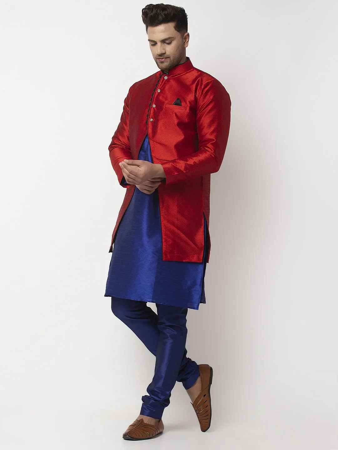 Men's Royal Blue Kurta With Pyjama & Red Self Design Jacket - Benstoke