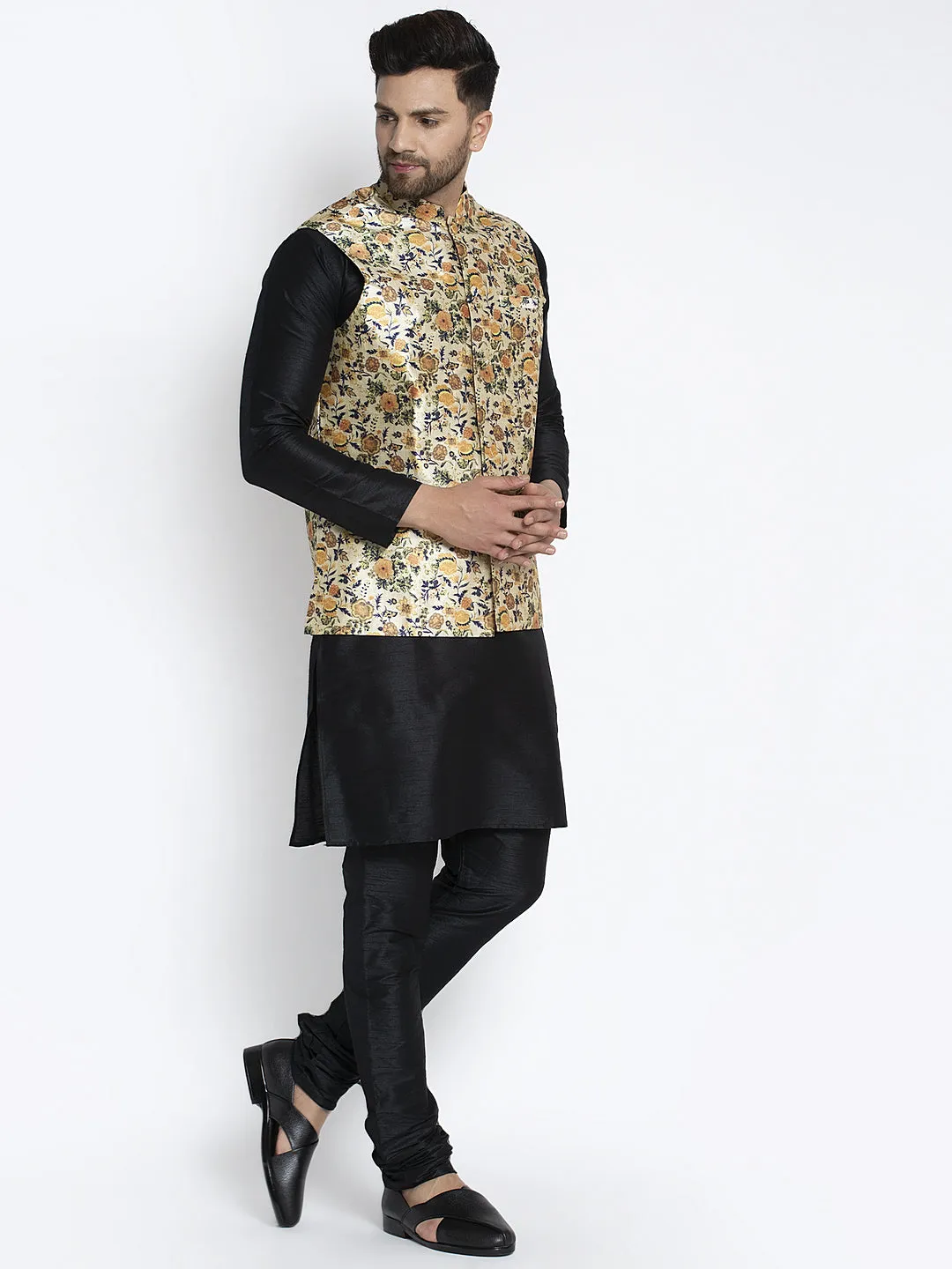 Men's Silk Blend Black Kurta With Pyjama & Lime Green Printed Nehru Jacket - Benstoke