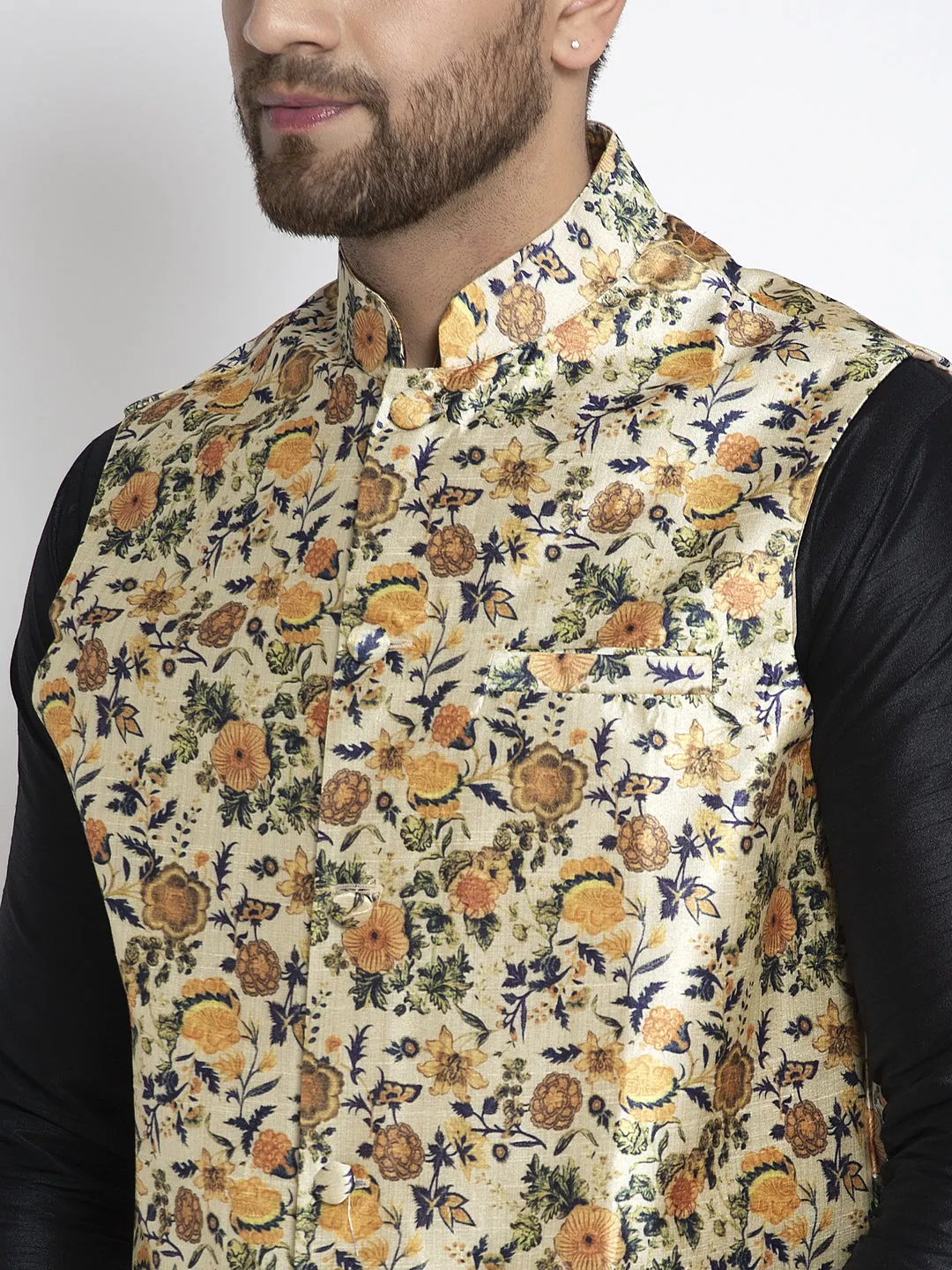 Men's Silk Blend Black Kurta With Pyjama & Lime Green Printed Nehru Jacket - Benstoke