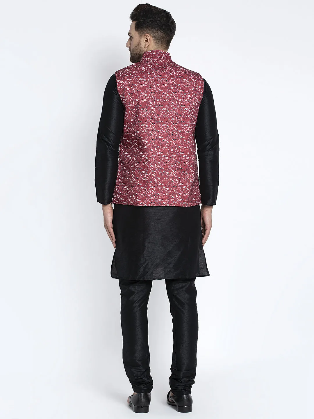 Men's Silk Blend Black Kurta With Pyjama & Maroon Printed Nehru Jacket - Benstoke