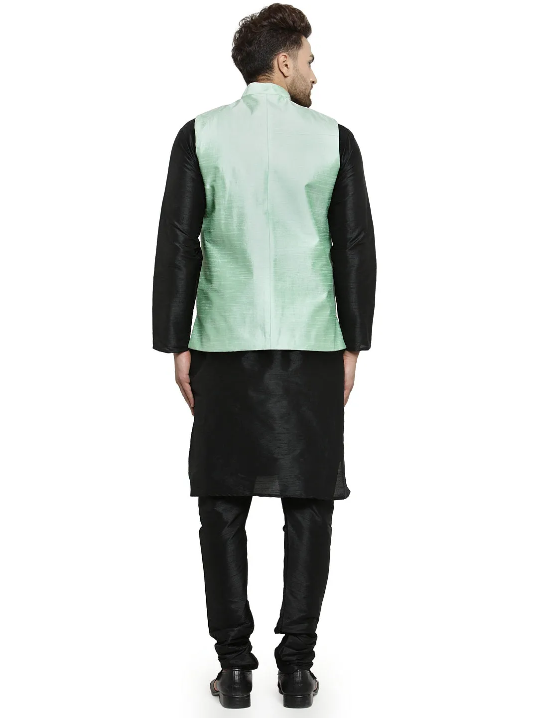 Men's Silk Blend Black Kurta With Pyjama & Sea Green Nehru Jacket - Benstoke