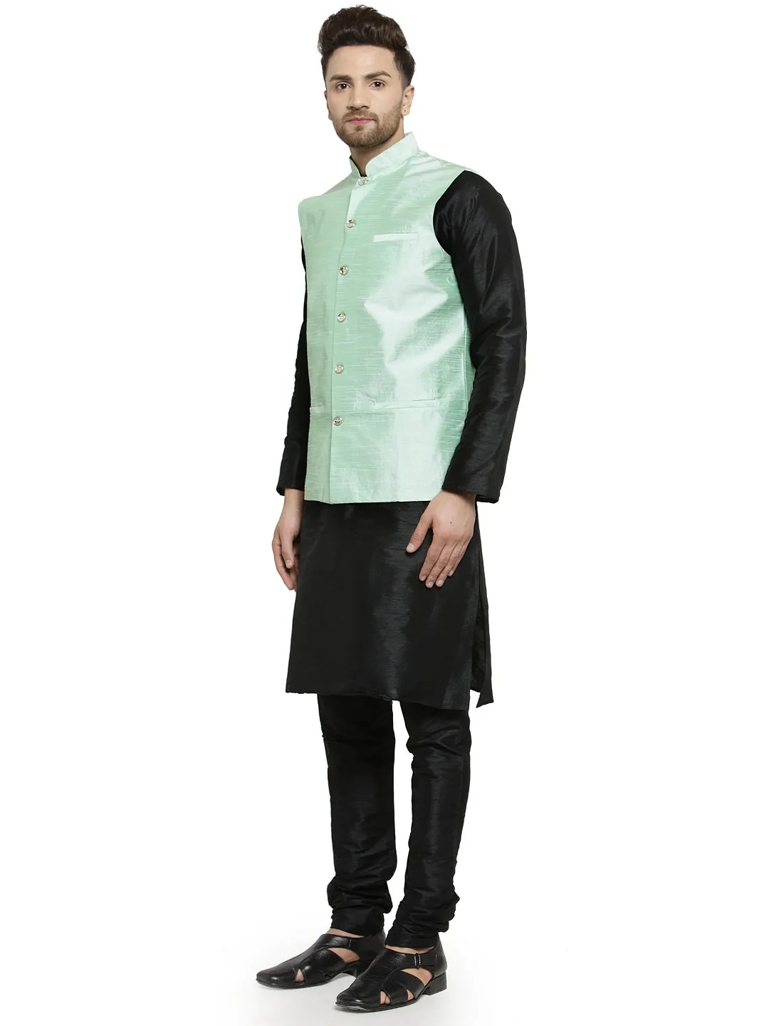 Men's Silk Blend Black Kurta With Pyjama & Sea Green Nehru Jacket - Benstoke