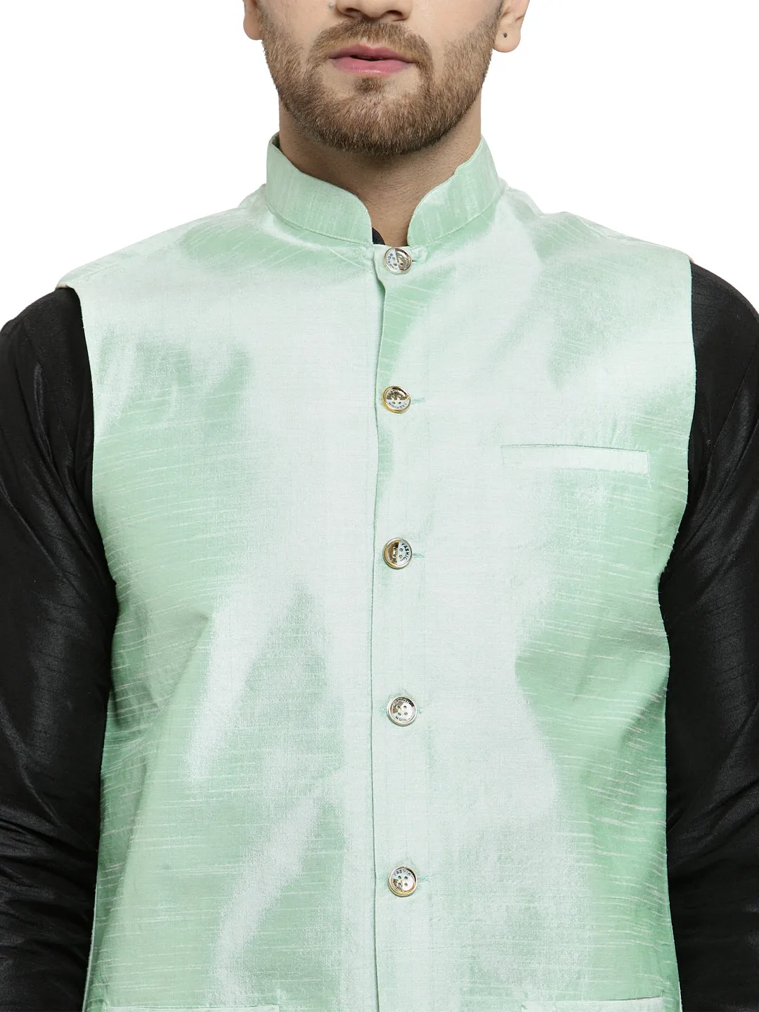 Men's Silk Blend Black Kurta With Pyjama & Sea Green Nehru Jacket - Benstoke