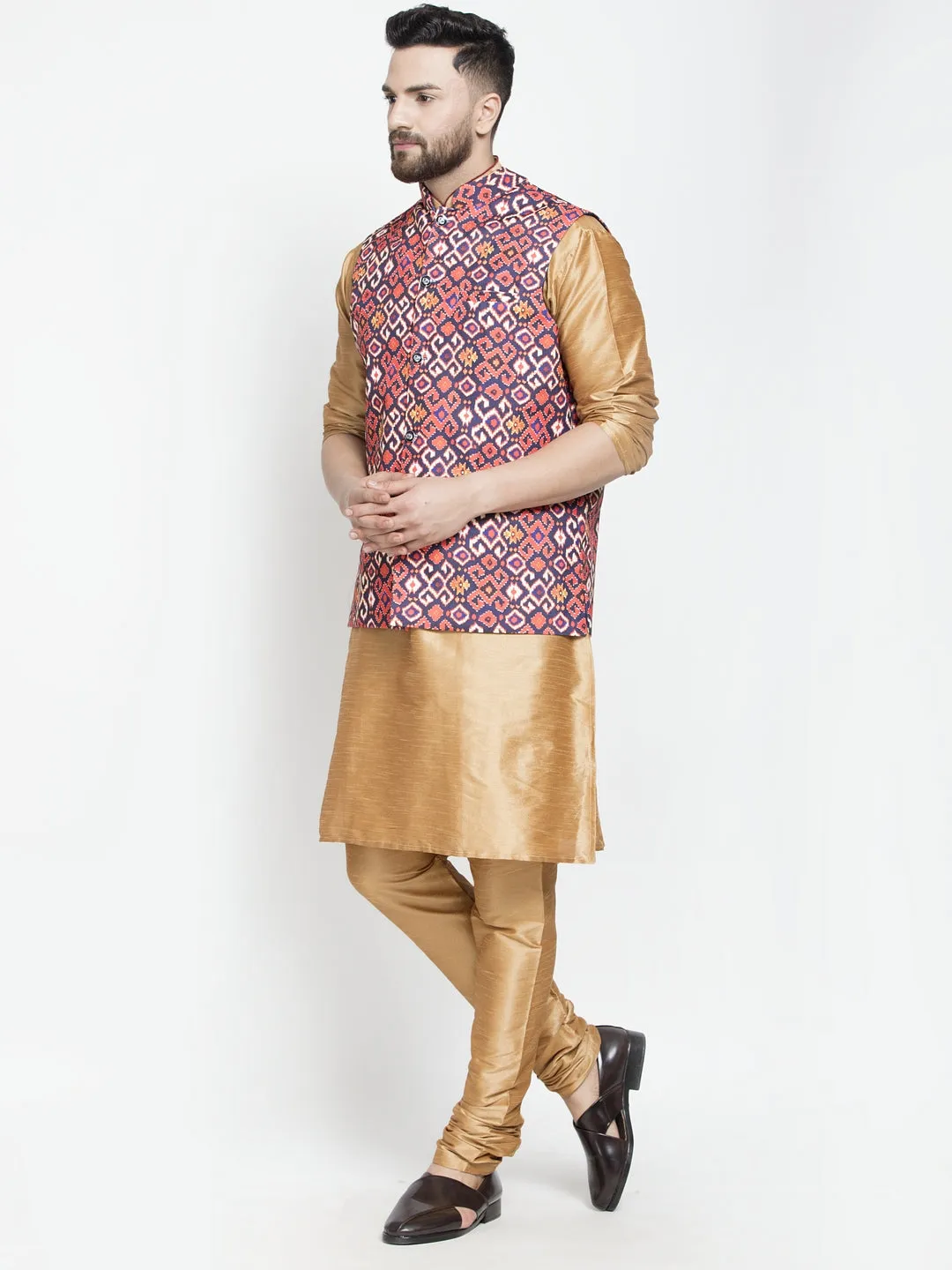 Men's Silk Blend Copper Kurta With Pyjama & Navy Blue Printed Nehru Jacket - Benstoke