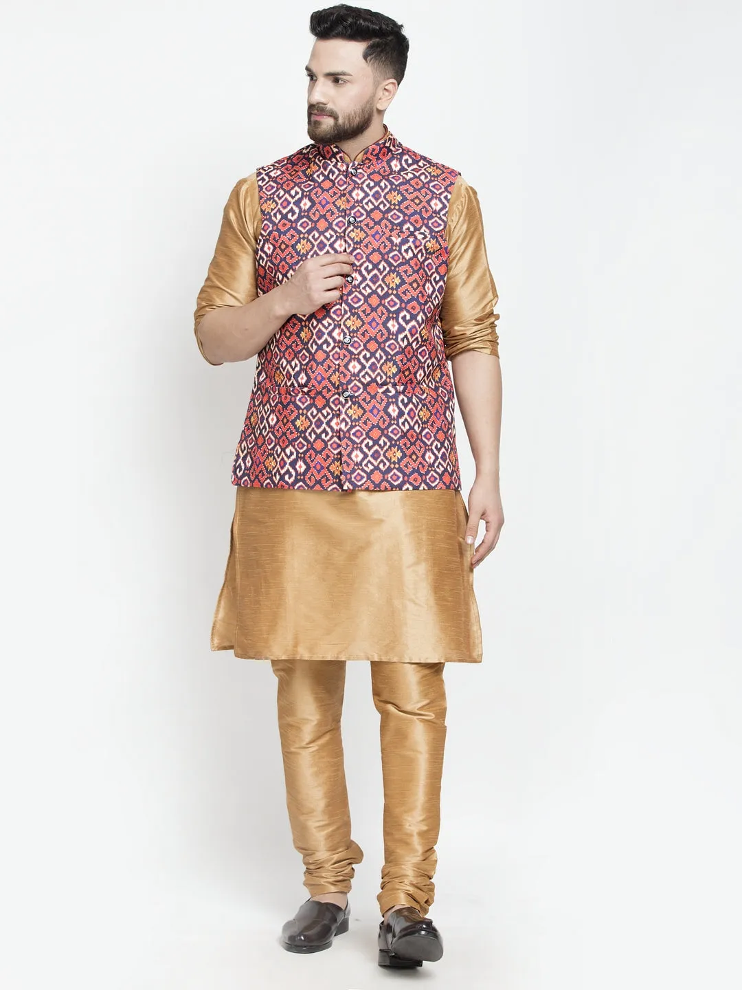 Men's Silk Blend Copper Kurta With Pyjama & Navy Blue Printed Nehru Jacket - Benstoke