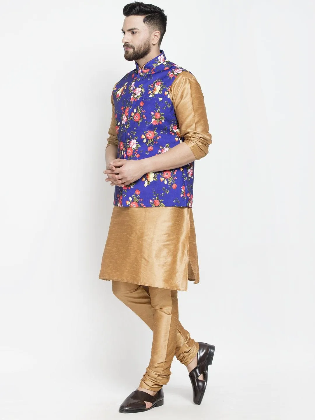 Men's Silk Blend Copper Kurta With Pyjama & Royal Blue Printed Nehru Jacket - Benstoke