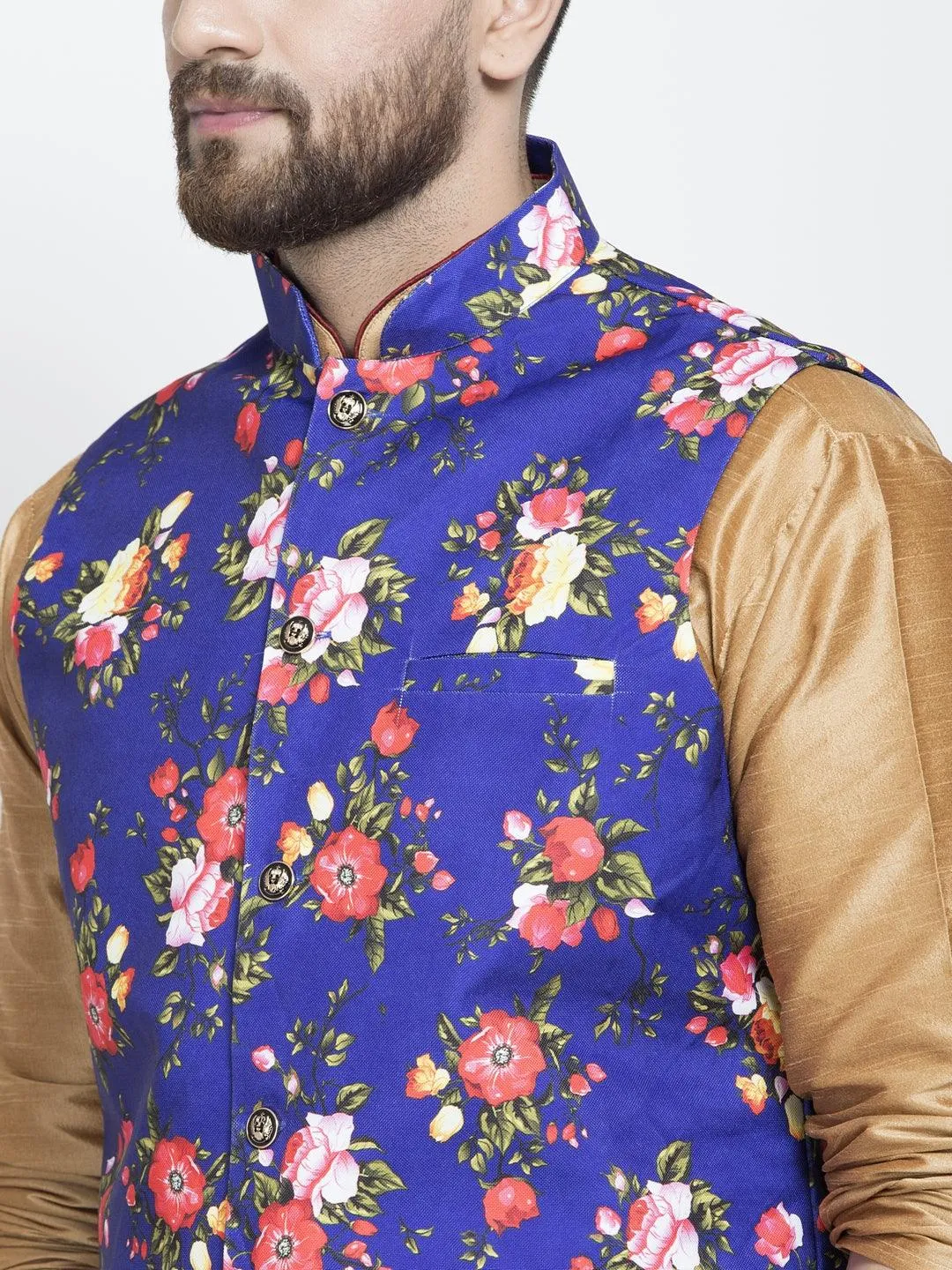 Men's Silk Blend Copper Kurta With Pyjama & Royal Blue Printed Nehru Jacket - Benstoke