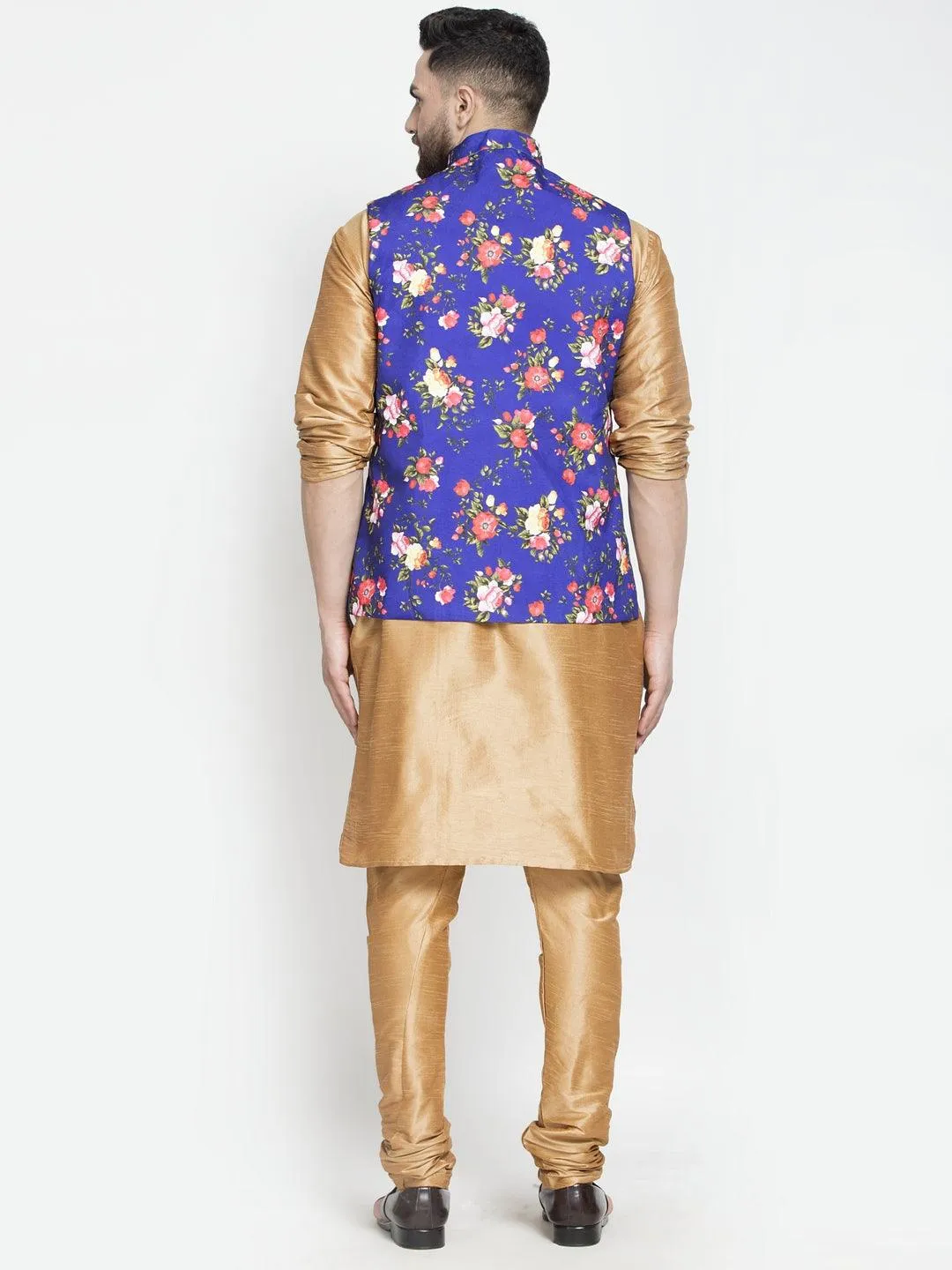 Men's Silk Blend Copper Kurta With Pyjama & Royal Blue Printed Nehru Jacket - Benstoke