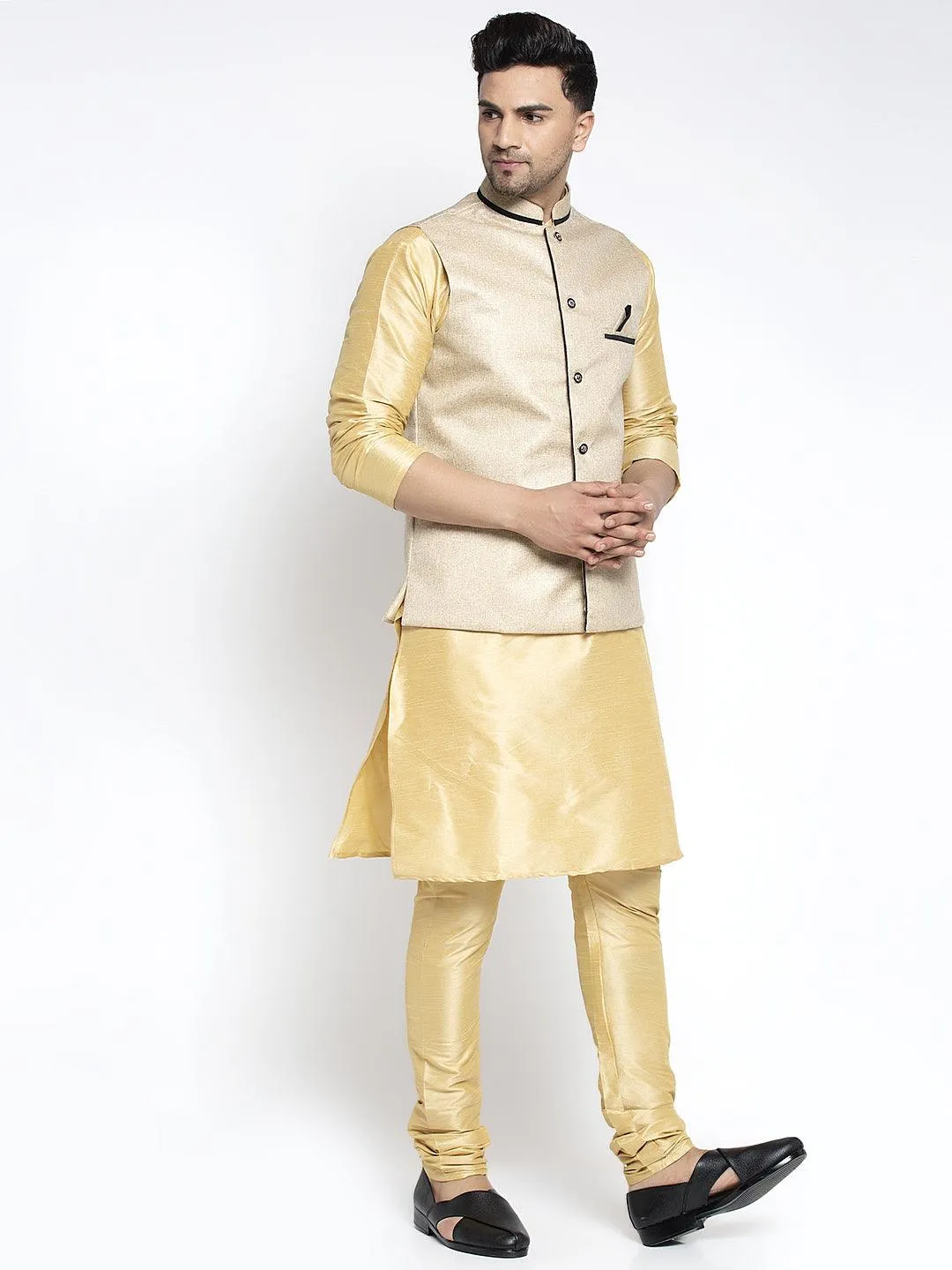 Men's Silk Blend Gold Kurta With Pyjama & Beige Nehru Jacket - Benstoke